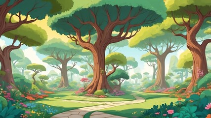 Whimsical Tree Canopy Over Garden Cartoon Background Design
