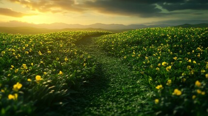 A winding path leads through a vibrant field of golden wildflowers, bathed in the warm glow of the setting sun. The scene evokes a sense of peace, tranquility, and the beauty of nature.