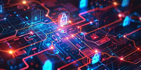 Obraz premium An engaging diagram of network security, featuring secured data flows, encryption algorithms, and protective firewalls to demonstrate effective defense against cyber threats