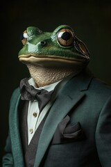 A Green Frog Dressed in a Suit and Bow Tie