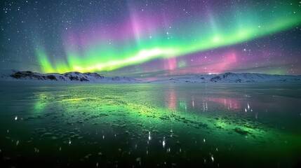Northern Lights Reflection on Frozen Lake at Night