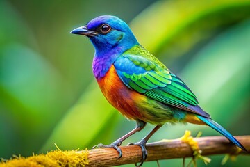 Vivid close-up of an iridescent ani bird perched on a branch with a blurred green background