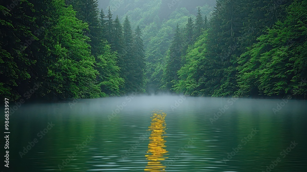 Poster misty forest lake with sunbeam reflection