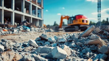 Obraz premium Construction Site Rubble and Debris with Excavator in the Background