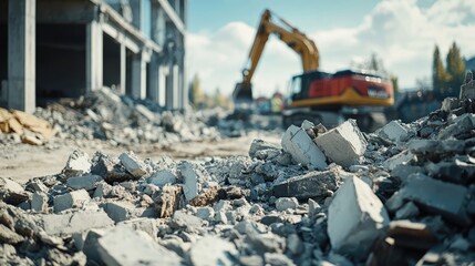 Construction Site Rubble and Debris with Excavator in the Background
