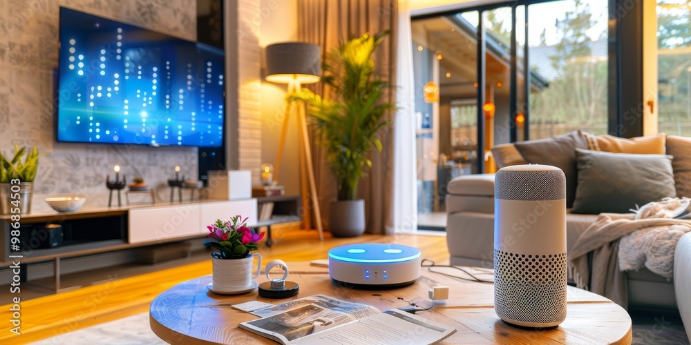 Poster a smart home living space with integrated smart speakers, lighting systems, and automated curtains, 