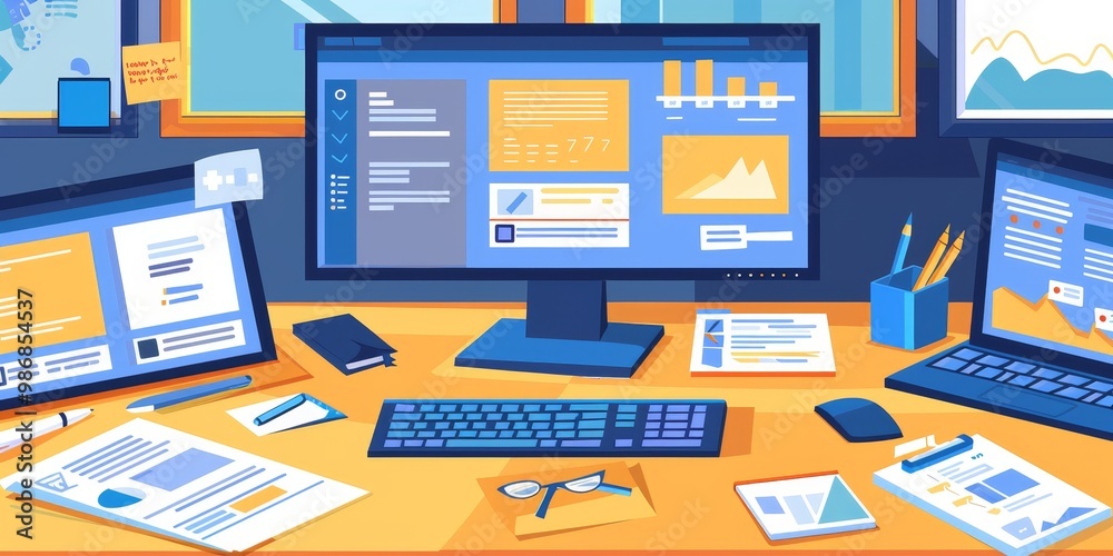 Poster Workspace of a UX designer with multiple screens showing design software, user interface mockups, and project notes, representing a dynamic and tech-savvy design environment
