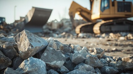 Fototapeta premium Construction Site Rubble and Debris with Excavator in the Background