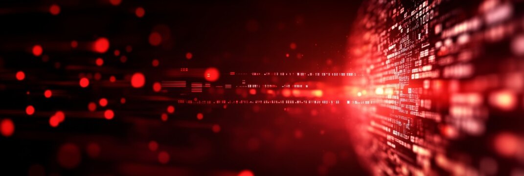 An abstract representation of a ransomware attack, with red glowing data symbols symbolizing data theft, malware, hacking, vulnerability and cyber security.