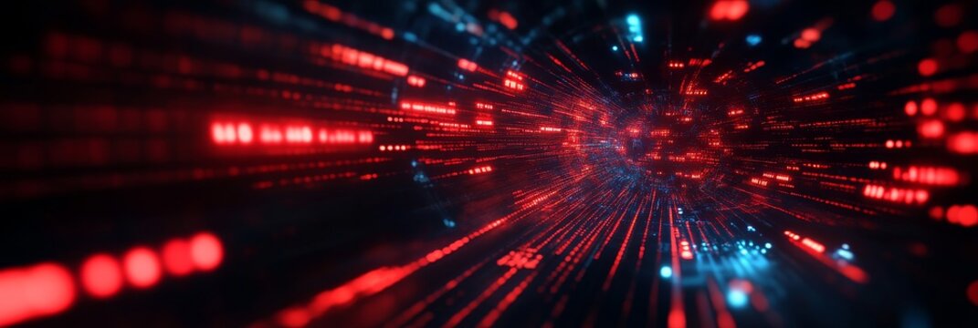 An abstract representation of a ransomware attack, featuring a digital tunnel with red and blue lights symbolizing data flow, hacking, cyber security, and the impact of malware.