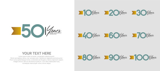 anniversary logotype set. green number and brown ribbon for celebration