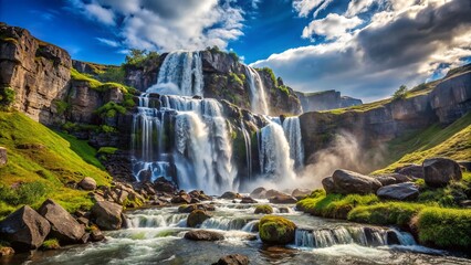 Fototapeta premium Water cascades over rugged cliffs, forming a stunning waterfall that elevates the beauty of the surrounding natural