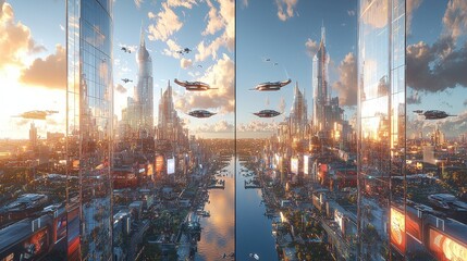 Fototapeta premium Futuristic Cityscape with Flying Cars and Skyscrapers