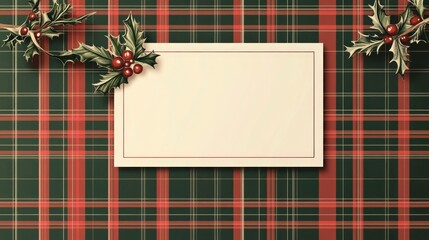 Cultural and Traditional plaid pattern in green and red, with a central white rectangle for text, adorned with a small mistletoe illustration.