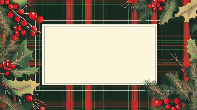 Traditional plaid pattern in green and red, with a central white rectangle for text, adorned with a small mistletoe illustration.