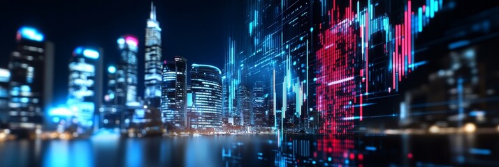 Fototapeta premium Cityscape with Digital Data Flow, A conceptual image highlighting the growth of technology and its influence on urban environments. The image showcases a modern city skyline with skyscrapers illumina