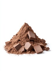 Fototapeta premium Cocoa Powder Mountain with Chocolate Pieces: A delicious and versatile ingredient, perfect for baking, drinks, and more. The rich brown powder evokes a sense of indulgence, while the chocolate pieces 