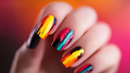 Obraz premium Colorful Abstract Nail Art Design showcasing vibrant hues of yellow, pink, orange, blue, and black in a modern abstract style.