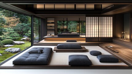 Fototapeta premium Modern Japanese Zen Interior Design with Futon and Tatami Mat