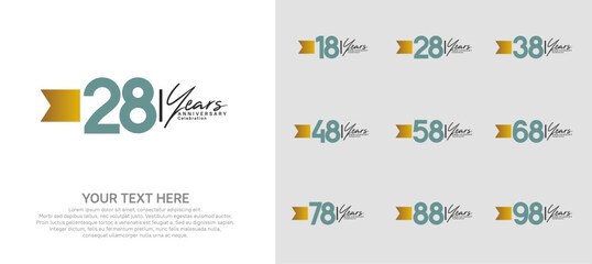 anniversary logotype set. green number and brown ribbon for celebration