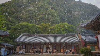 Obraz premium Scene of raindrops falling from the eaves and scene of a temple during heavy rain