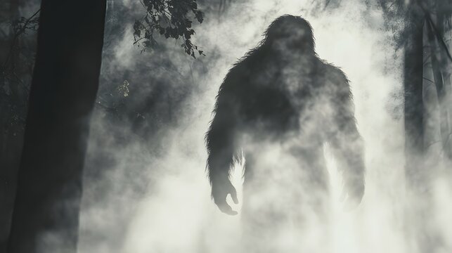 A shadowy, towering figure resembling Bigfoot emerges from the mist in a dense, eerie forest. - Powered by Adobe