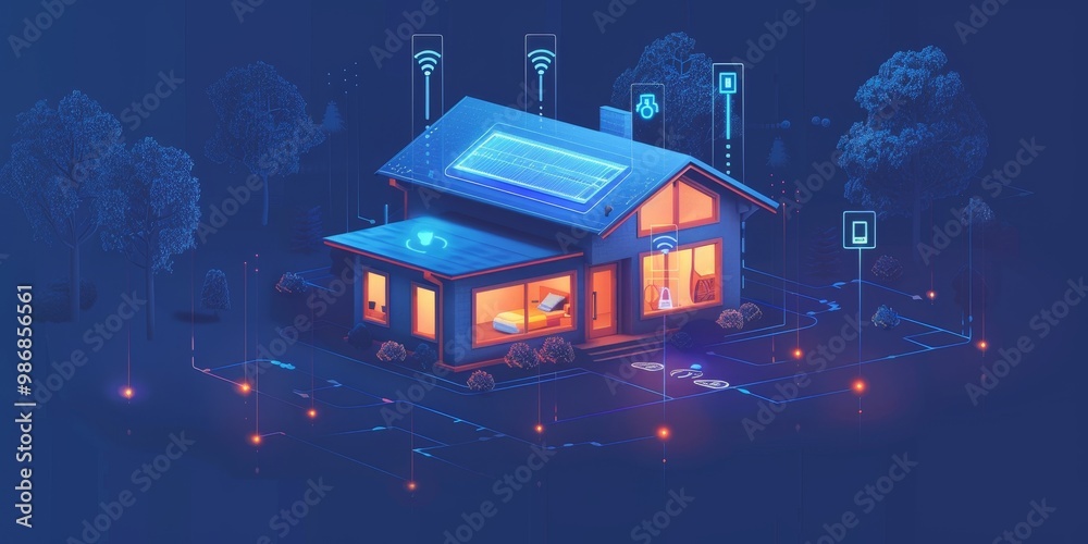 Poster a modern smart home featuring interconnected security devices, smart locks, and climate controls, al