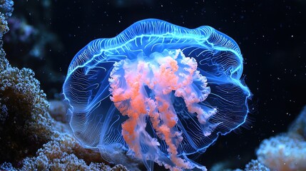 Obraz premium Bioluminescent Jellyfish with Coral Reef Background