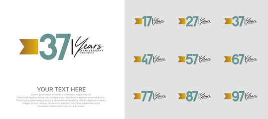 anniversary logotype set. green number and brown ribbon for celebration