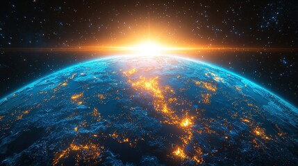 Obraz premium Earth From Space Sunrise Over City Lights D Rendering
