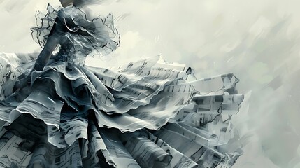 A dynamic fashion drawing of a couture dress with dramatic ruffles and bold textures, rendered with delicate strokes and a muted color scheme. 8k UHD, suitable for high-quality printing or digital 