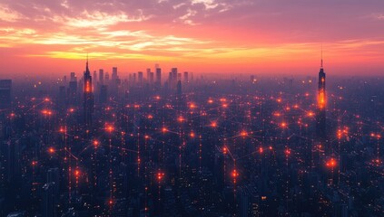 Fototapeta premium City View with Communication Towers and Glowing Lines