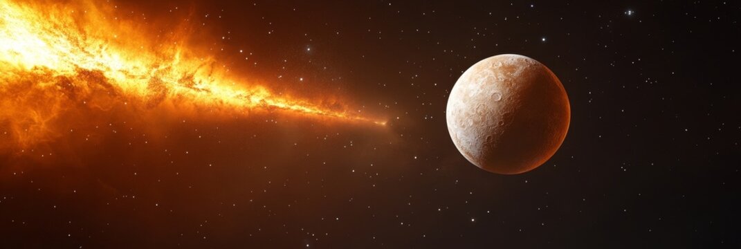 Mercury Retrograde Against Cosmic Explosion depicts the celestial event of Mercury's retrograde motion against a dramatic backdrop of a fiery explosion, symbolizing chaos, transformation, and the powe