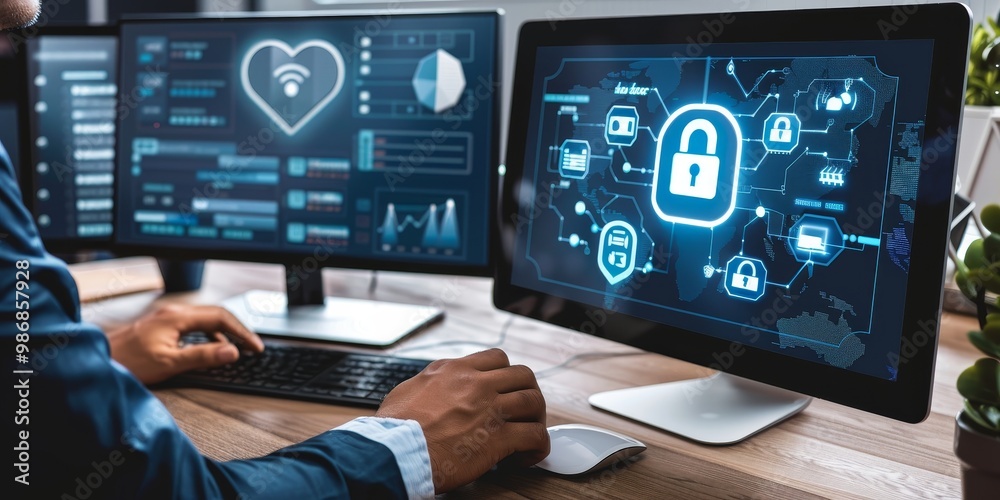 Leinwandbilder image of a business professional reviewing security policy documents with computer screens displayin