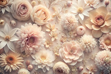 Close-up of paper flowers in pastel shades on light background