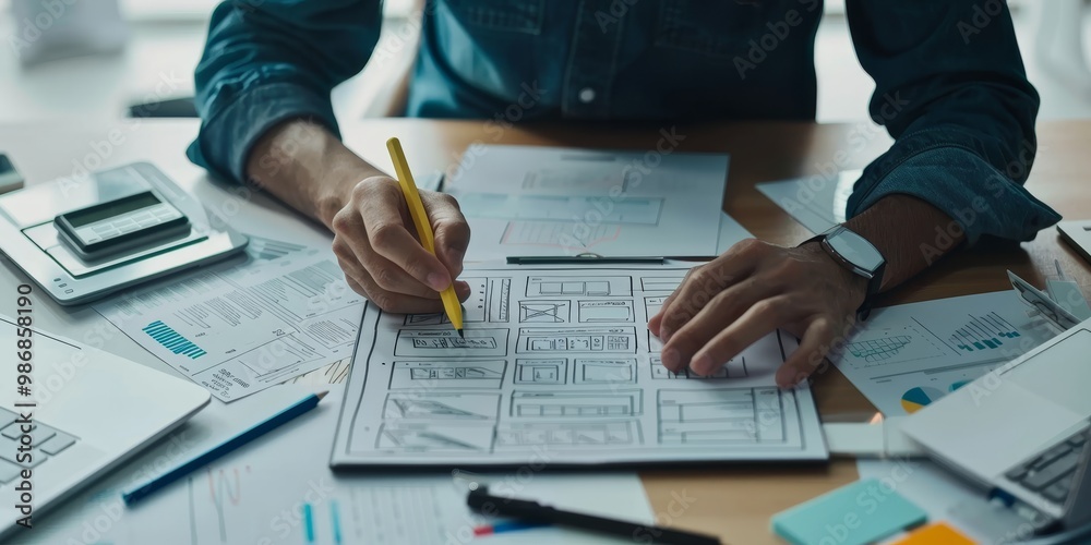 Poster UX designer creating interactive prototypes on a tablet, with sketches, wireframes, and design tools visible, highlighting the iterative process of refining user interfaces