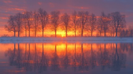 Fototapeta premium Winter Sunrise Reflection in Still Water with Trees Silhouettes