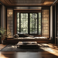 Japanese Style Villa interior room with a sofa and a round wall art