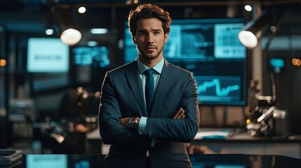A poised news anchor commands attention in a sleek studio, delivering urgent updates with compelling energy.