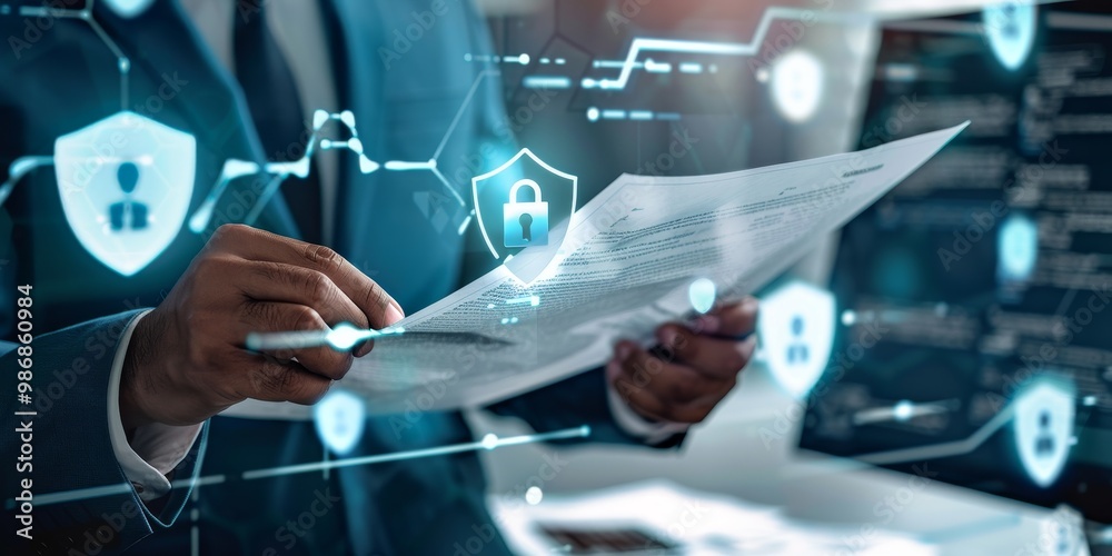 Poster Image of a business professional reviewing security policy documents with computer screens displaying cybersecurity alerts and protection icons in a high-tech office setting