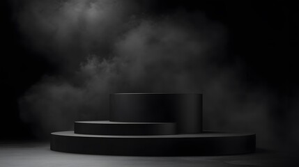 Black podium with a dark smoke background, providing a dramatic and abstract setting for product showcases.