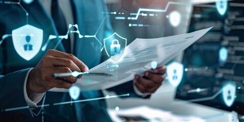 Image of a business professional reviewing security policy documents with computer screens displaying cybersecurity alerts and protection icons in a high-tech office setting