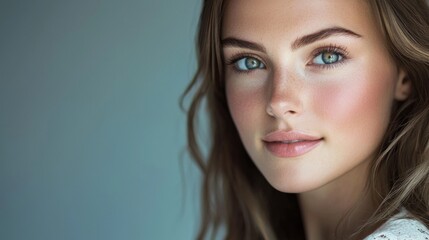 Naklejka premium A professional beauty headshot, highlighting smooth skin and bright eyes, using clean lighting and minimal retouching