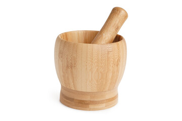 Empty wooden mortar with pestle on white background