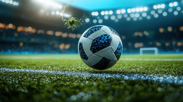Soccer Ball on Grass Field Stadium Night Lights Bokeh