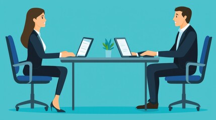 Obraz premium Two people sitting at a table with laptops and a potted plant in between them