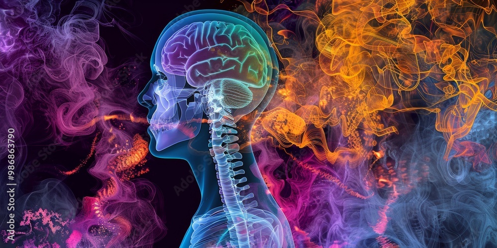 Poster colorful pet scan with vivid heatmaps illustrating various levels of physiological activity, perfect