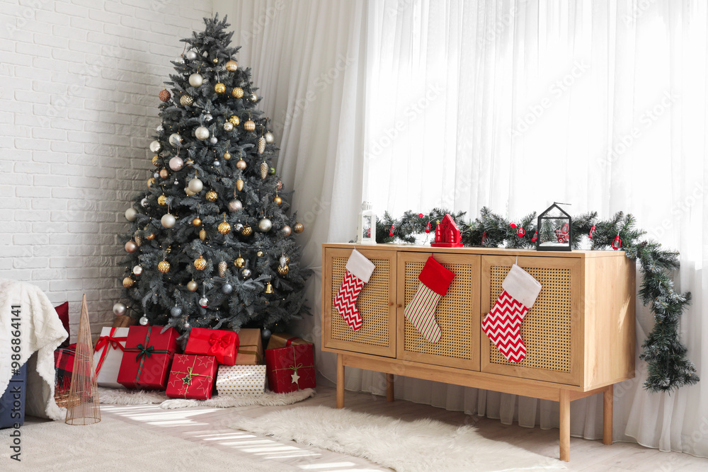 Canvas Prints Interior of living room with Christmas tree, wooden cabinet and festive decorations