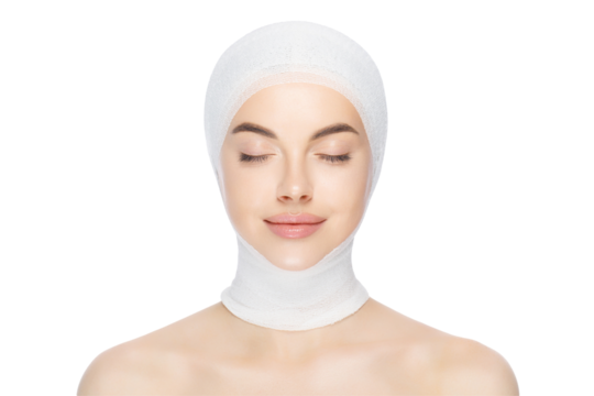 Young beautiful woman standing with closed eyes, wrapped in medical bandage, getting ready for plastic surgery operation