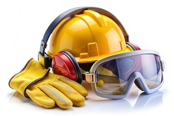 A yellow hard hat, safety glasses and gloves are displayed on a white background